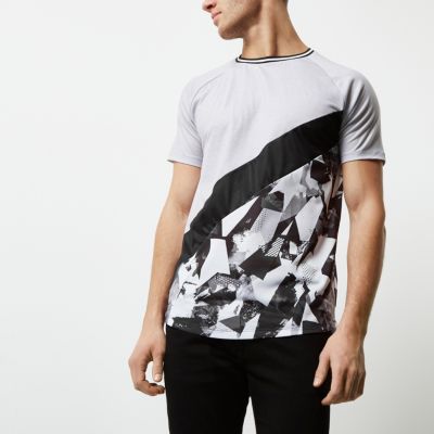 Grey abstract print panel slim fit T-shirt